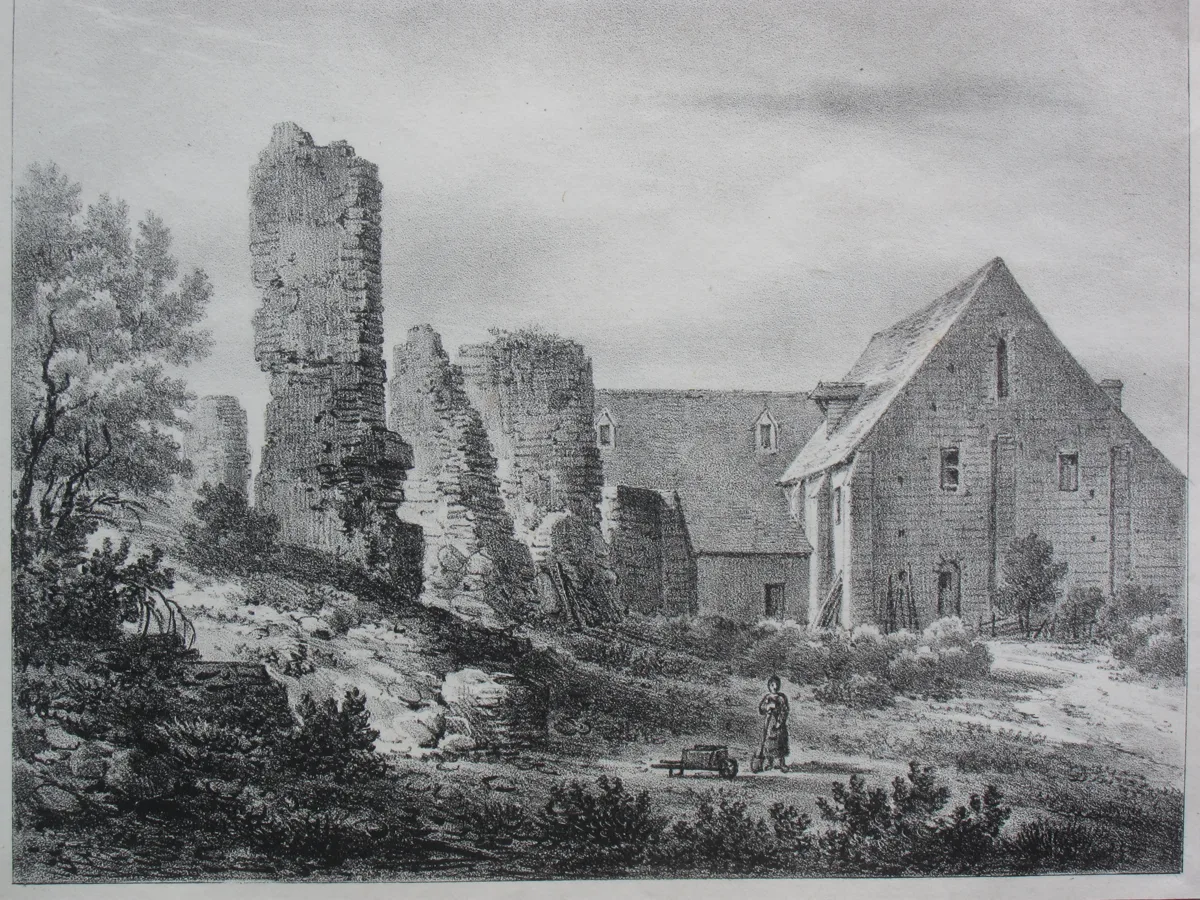 Gravure ancienne : des murs en ruine, un bâtiment à pignon, une charrette au premier plan