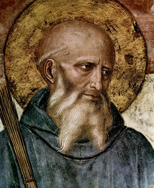 Saint Benoît, barbe blanche et regard tourné de côté, sur une fresque ancienne